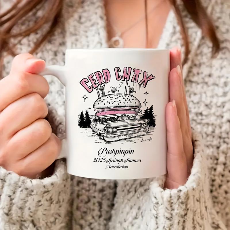 Tailorly White Ceramic 11 oz Mug - Cord City Postplaying Spring Summer Collection Classic Vintage Car Carrying A Gigantic Delicious Layered Burger In Nature Burger