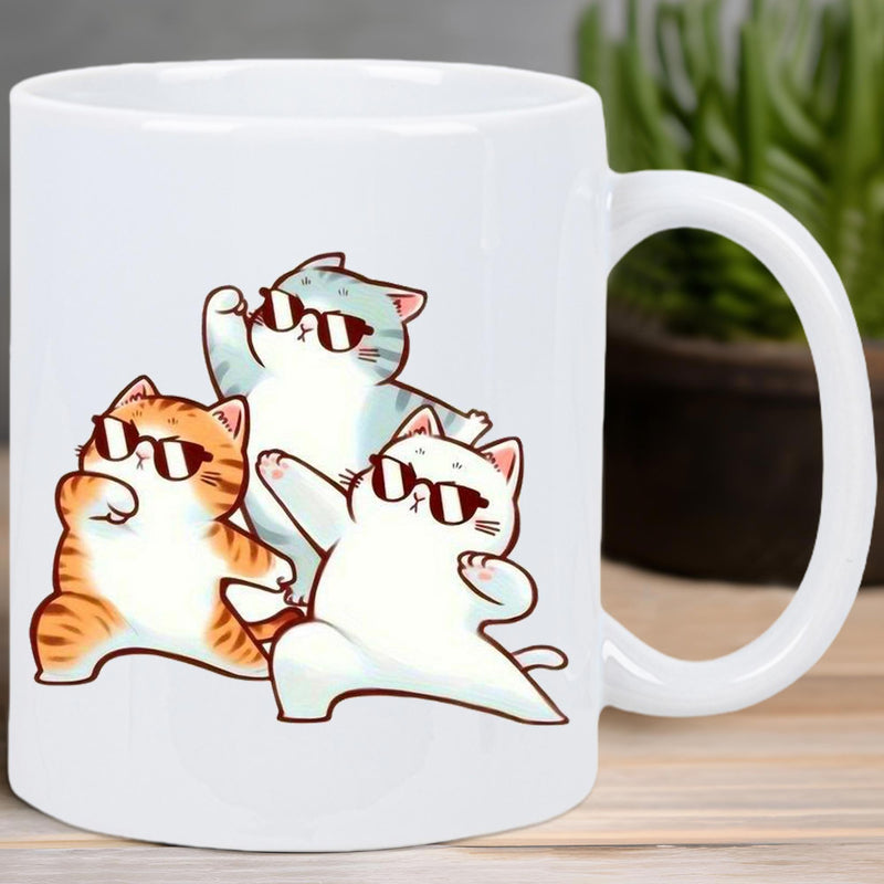 Tailorly White Ceramic 11 oz Mug - Three Adorable Cartoon Kittens Wearing Cool Sunglasses Dancing In Playful Motion Cats