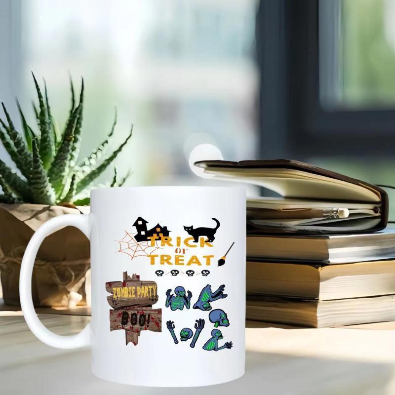 Tailorly White Ceramic 11 oz Mug - Trick Or Treat Spooky Haunted House With Black Cat And Ghosts Mug