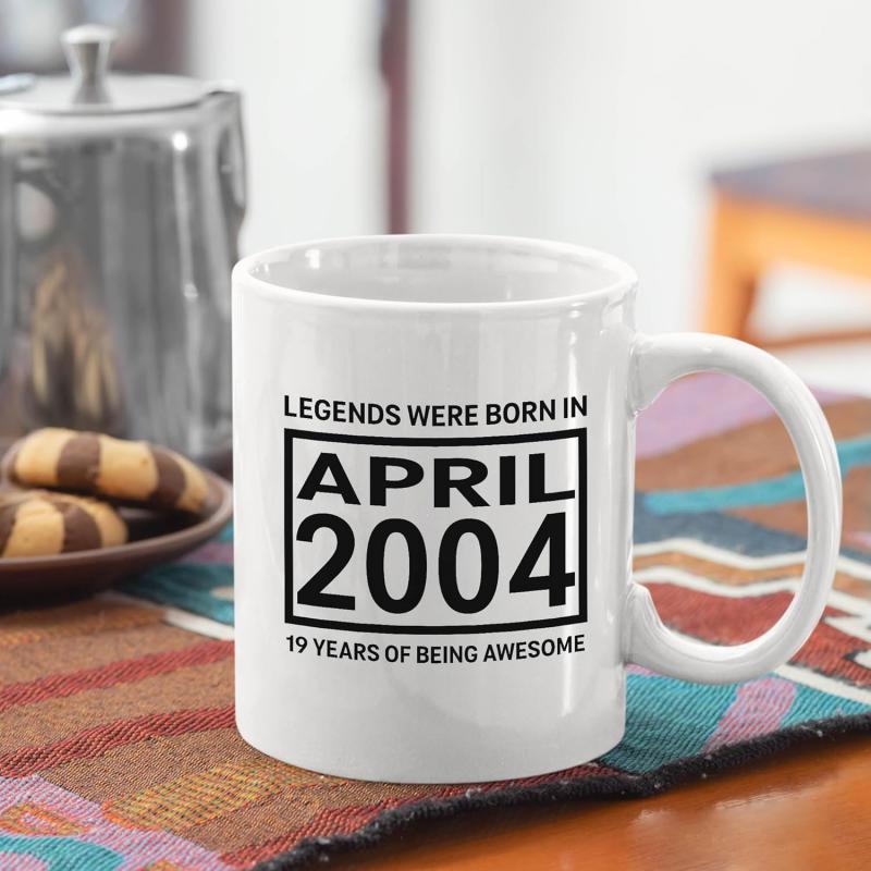 Tailorly White Ceramic 11 oz Mug - Legends Were Born In April 2004 19 Years Of Being Awesome Minimalist Ceramic Vessel With Black Text Design And Rectangular