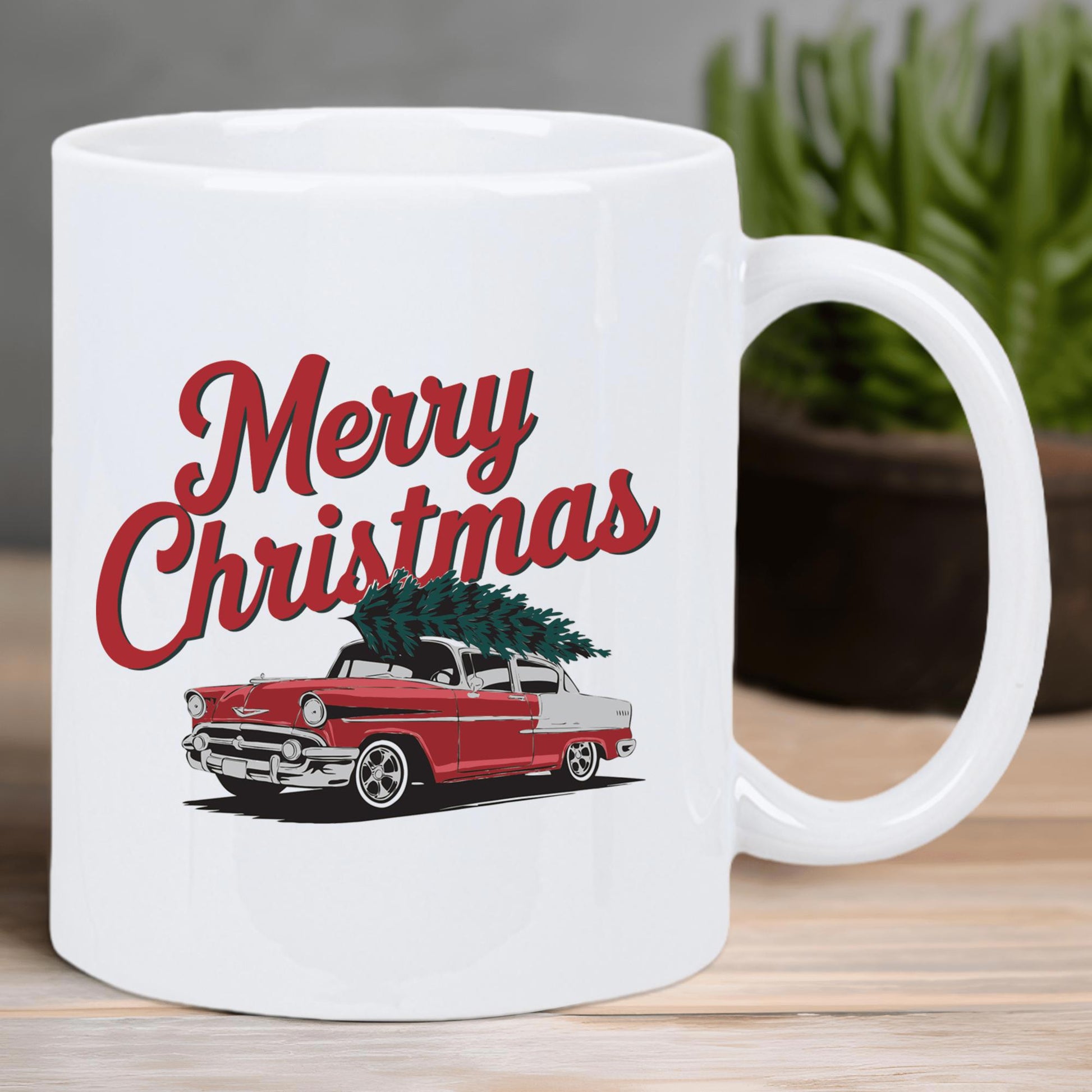 Tailorly White Ceramic 11 oz Mug - Merry Christmas Classic Vintage Red Vehicle Carrying A Lush Pine Tree Car