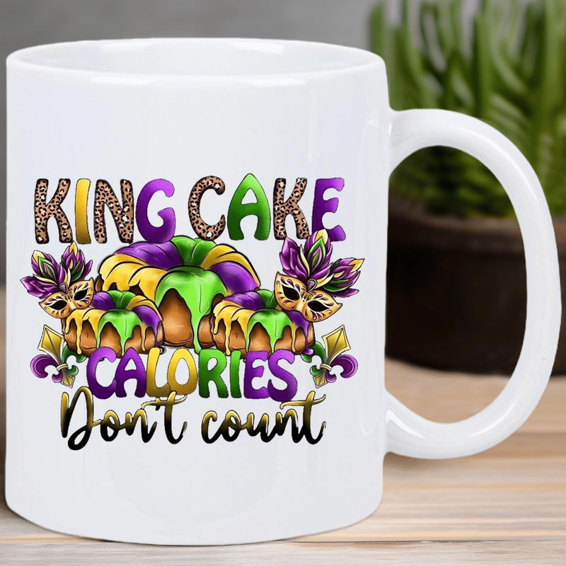 Tailorly White Ceramic 11 oz Mug - King Cake Calories Don't Count Traditional Festive Dessert With Colorful Icing And Decorative Carnival Masquerade Masks Cake