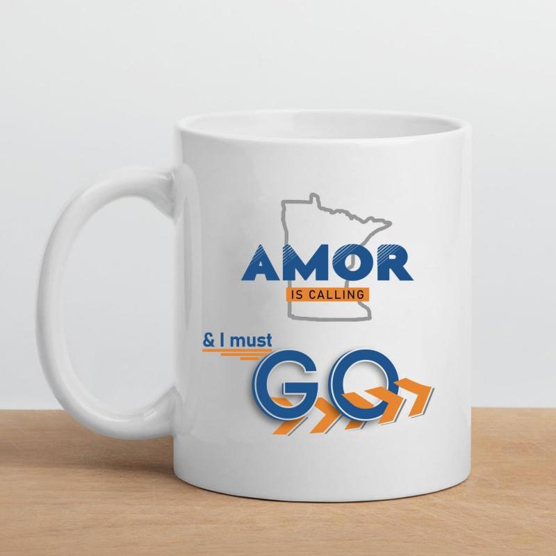 Tailorly White Ceramic 11 oz Mug - Amor Is Calling I Must Go Minimalist State Map Outline With Bold Blue Typography And Arrows Minnesota