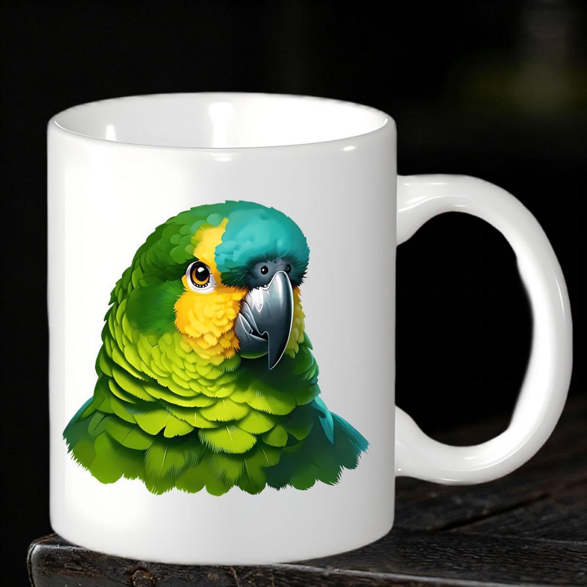 Tailorly White Ceramic 11 oz Mug - Vibrant Tropical Bird With Green Feathers And Bright Yellow Face Parrot