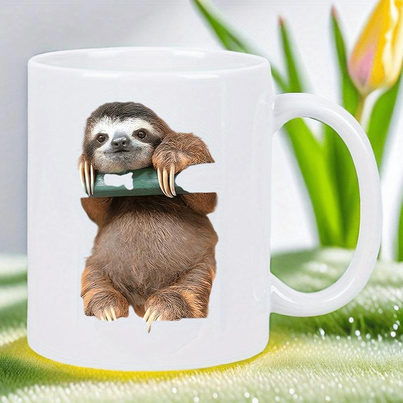 Tailorly White Ceramic 11 oz Mug - Adorable Brown Furry Animal Resting Peacefully On A Sturdy Green Tree Sloth