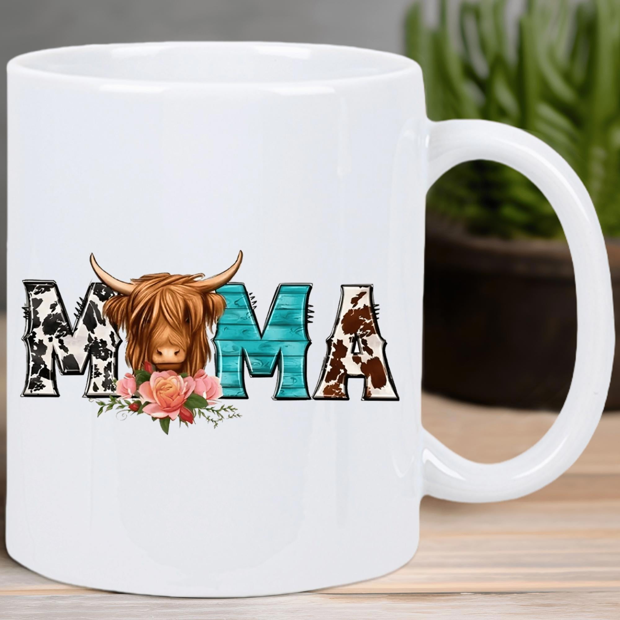Tailorly White Ceramic 11 oz Mug - Mama Rustic Cowhide Texture With Floral Crown And Colorful Decorative Letters Highland Cow