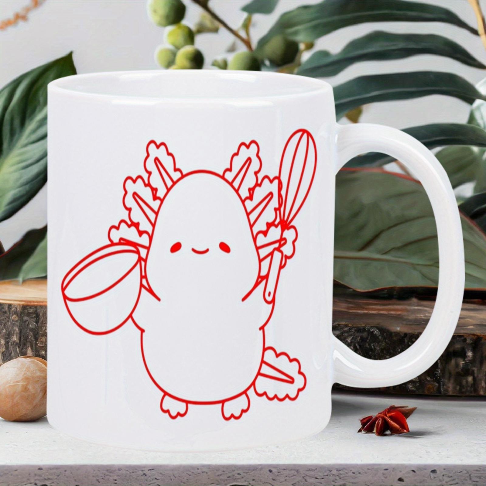 Tailorly White Ceramic 11 oz Mug - Cute Smiling Character Holding A Bowl And Whisk Minimalist Red Outlined Axolotl