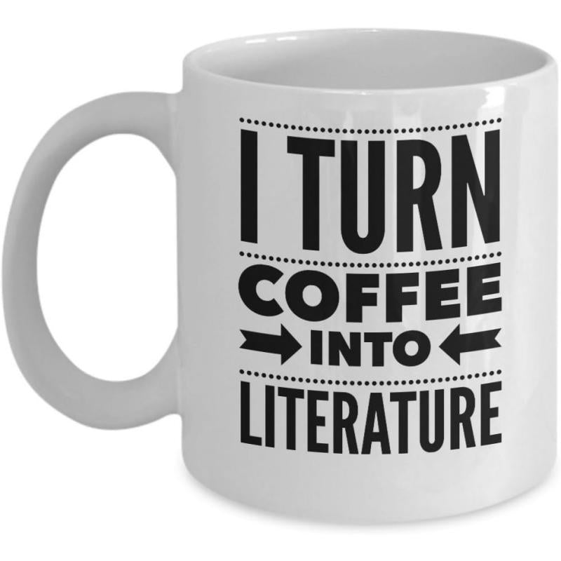 Tailorly White Ceramic 11 oz Mug - I Turn Coffee Into Literature Bold Black Minimalist Typography Featuring Symmetrical Dotted Lines And Decorative Arrows Sign