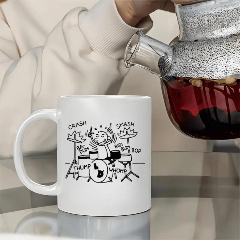 Tailorly White Ceramic 11 oz Mug - Crash Smash Ba Dum Thump Whomp Sketchy Hand Drawn Stick Figure Playing Energetic Musical Percussion Performance Drummer