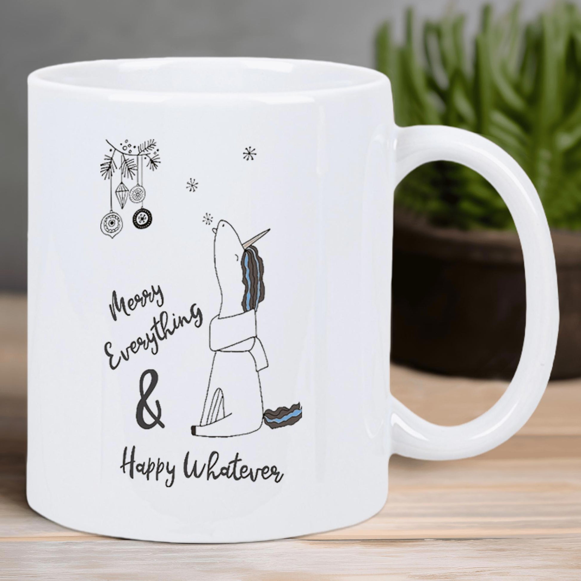 Tailorly White Ceramic 11 oz Mug - Merry Everything Happy Whatever Minimalist Black Line Art Festive Creature Wearing Scarf Under Ornaments Unicorn