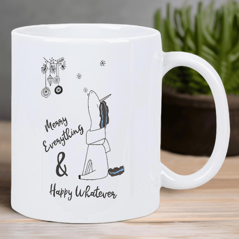Tailorly White Ceramic 11 oz Mug - Merry Everything Happy Whatever Minimalist Black Line Art Festive Creature Wearing Scarf Under Ornaments Unicorn
