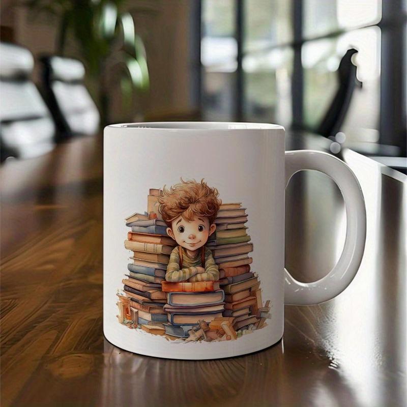 Tailorly White Ceramic 11 oz Mug - Charming Young Child Nestled Among Tall Stacks Of Colorful Old Books Boy