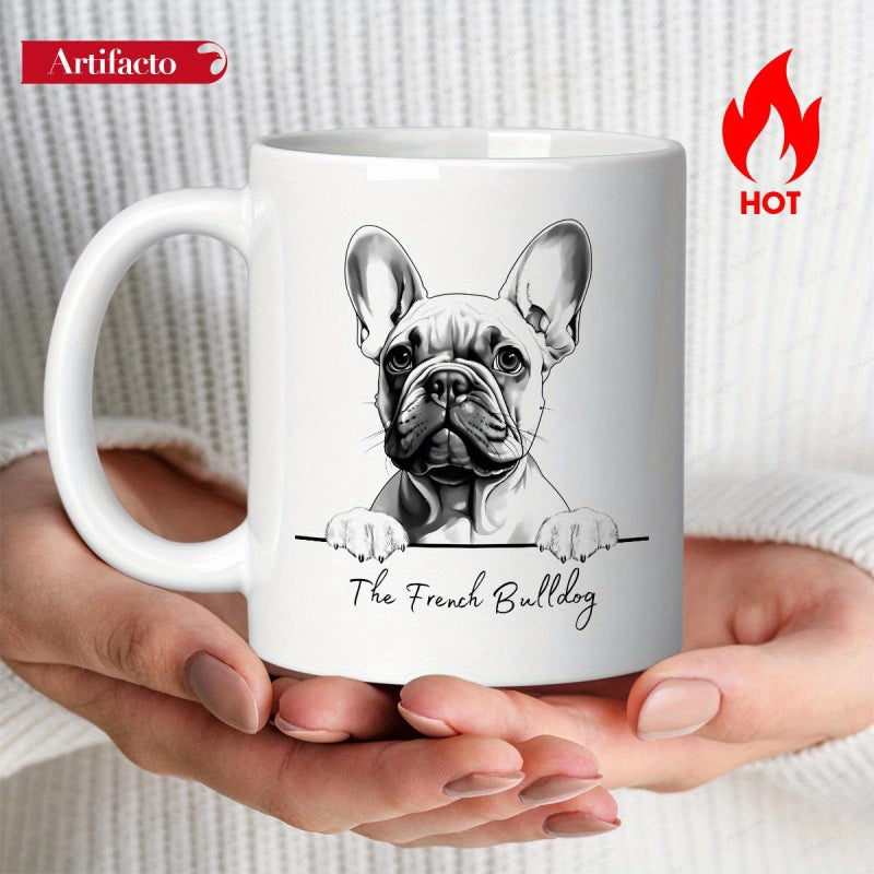 Tailorly White Ceramic 11 oz Mug - The French Bulldog Minimalist Sketch Style Illustration Peeking Over A Horizontal Border French Bulldog
