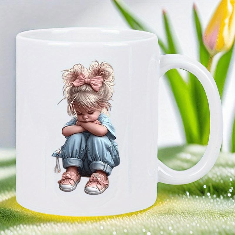 Tailorly White Ceramic 11 oz Mug - Pensive Small Child Wearing Pink Bow Sitting In Blue Overalls Girl