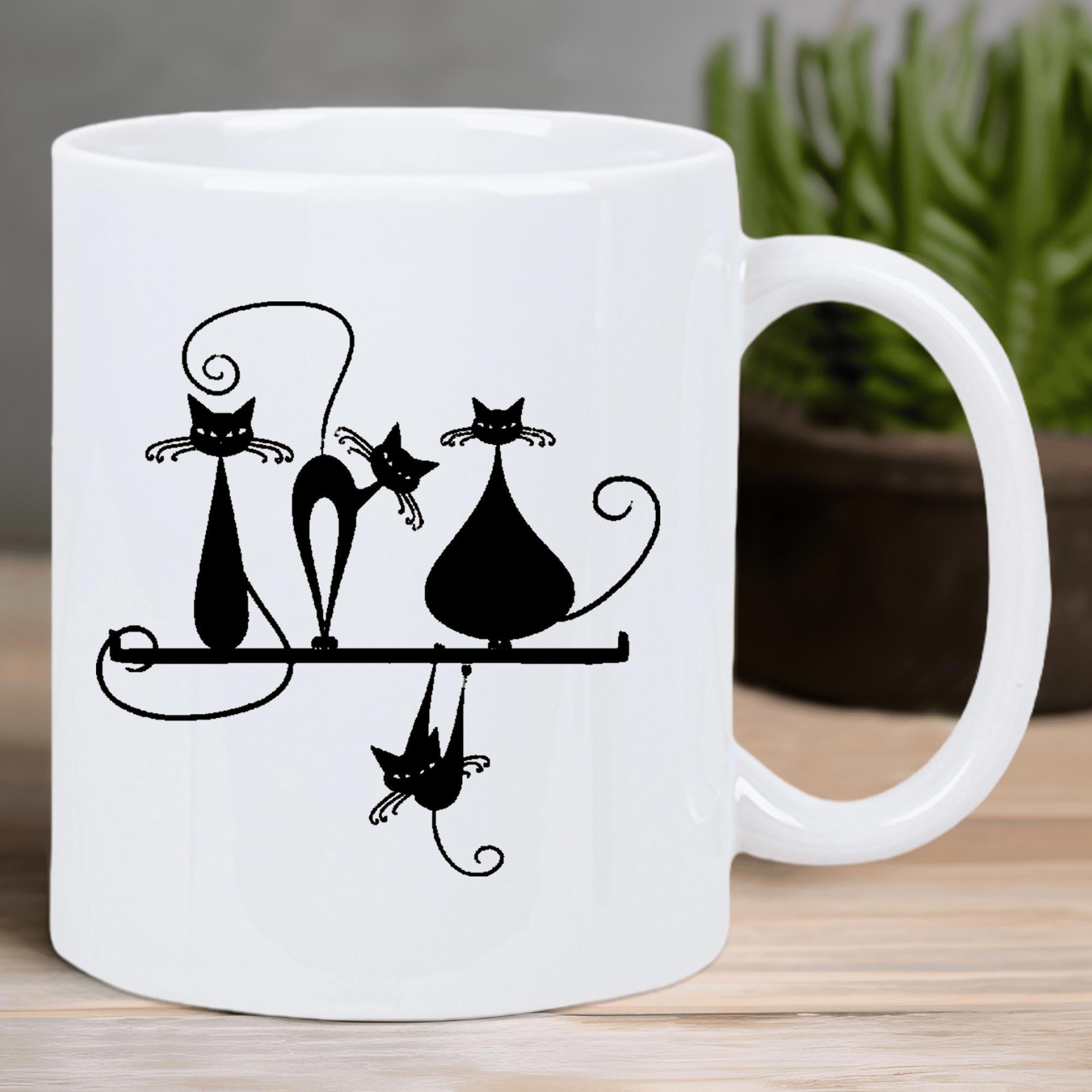 Tailorly White Ceramic 11 oz Mug - Elegant Minimalist Black Silhouettes Of Playful Kittens Perched On A Line Cat