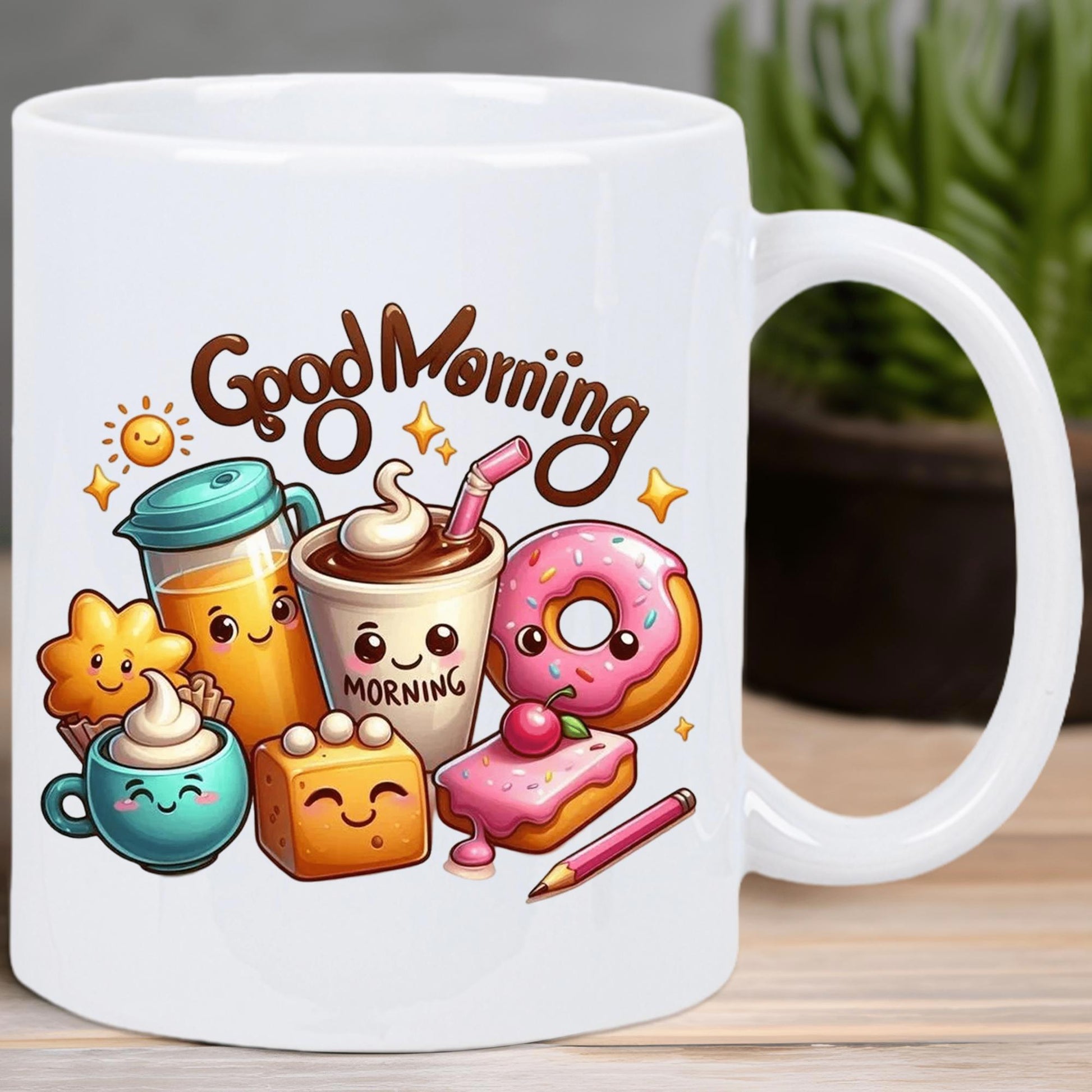 Tailorly White Ceramic 11 oz Mug - Good Morning Cheerful Smiling Breakfast Items With Vibrant Donut And Coffee Breakfast