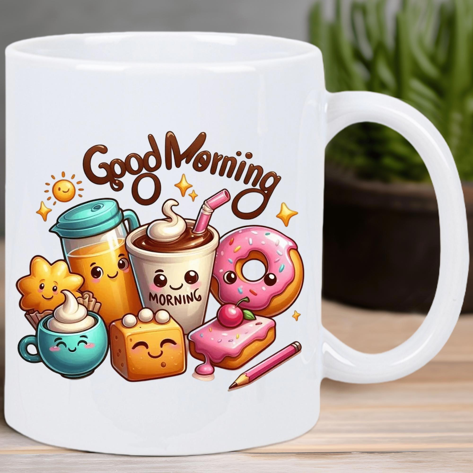 Tailorly White Ceramic 11 oz Mug - Good Morning Cheerful Smiling Breakfast Items With Vibrant Donut And Coffee Breakfast