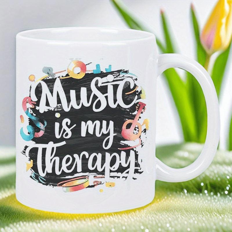 Tailorly White Ceramic 11 oz Mug - Music Is My Therapy Artistic Musical Elements Floating Among Vibrant Paint Strokes Instruments