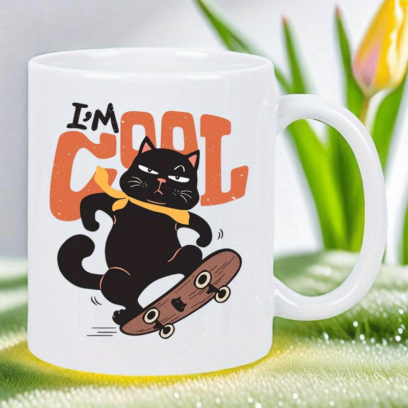 Tailorly White Ceramic 11 oz Mug - I'm Cool Playful Black Kitten Wearing Scarf Riding Wooden Skateboard Cat