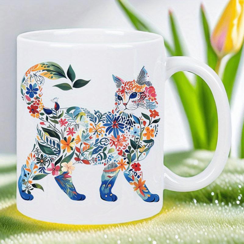Tailorly White Ceramic 11 oz Mug - Elegant Silhouette Pattern Featuring Colorful Blooming Flowers And Vibrant Leaves Cat