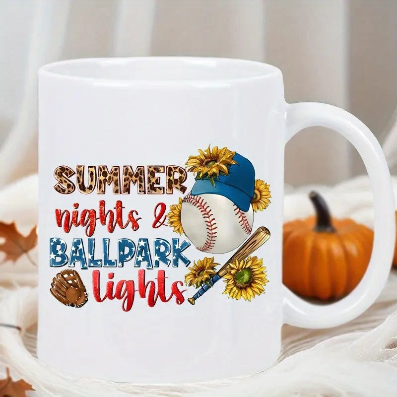 Tailorly White Ceramic 11 oz Mug - Summer Nights Ballpark Lights Sunflowers Among Traditional Sport Equipment With Wooden Bat And Blue Hat Baseball