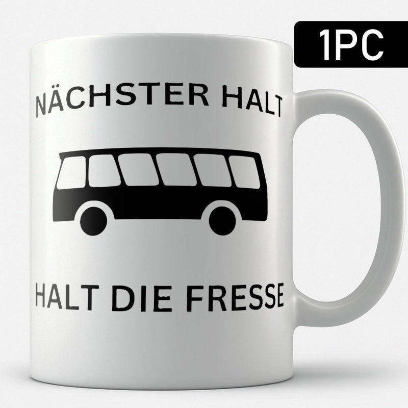 Tailorly White Ceramic 11 oz Mug - Simple Black Minimalist Silhouette Moving Along A Clear Urban Roadway Bus