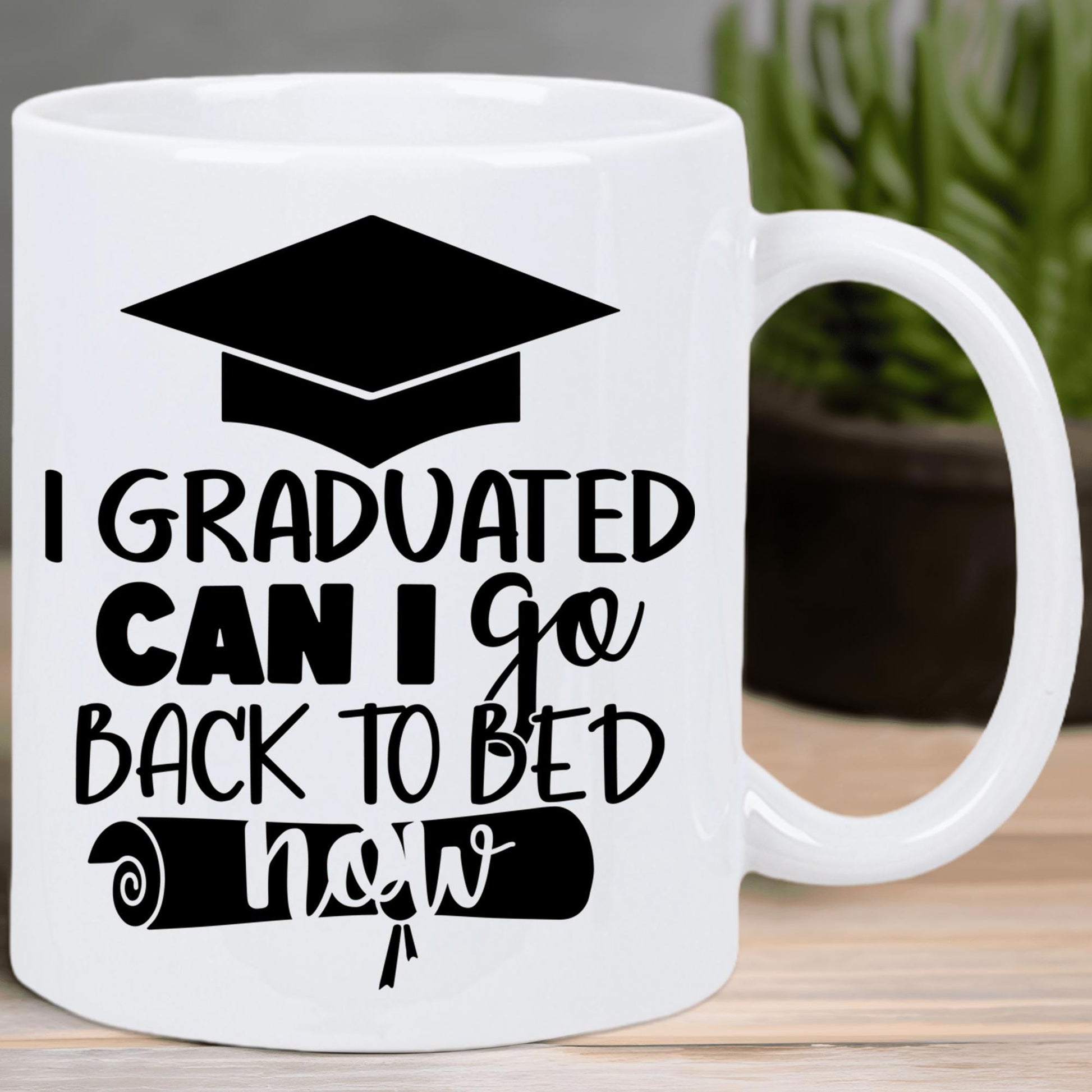 Tailorly White Ceramic 11 oz Mug - I Graduated Can I Go Back To Bed Now Minimalist Black Silhouette Style Featuring A Mortarboard And Diploma Graduation Cap