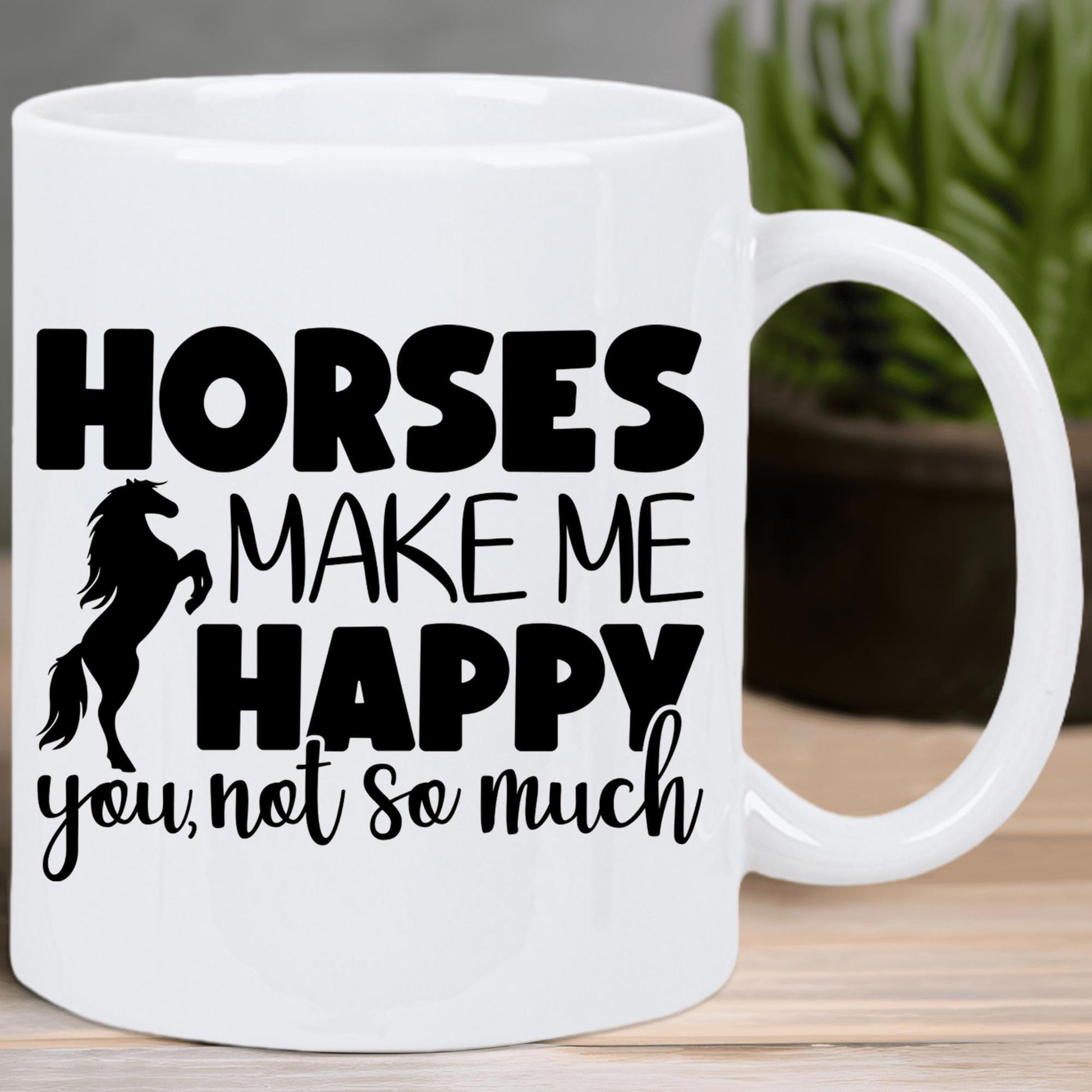 Tailorly White Ceramic 11 oz Mug - Horses Make Me Happy You Not So Much Elegant Rearing Stallion Silhouette Standing Proudly On White Background Horse