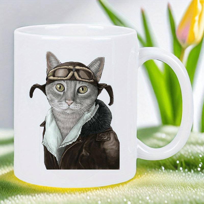 Tailorly White Ceramic 11 oz Mug - Vintage Style Grey Feline Wearing Aviator Goggles And Leather Flight Jacket Cat