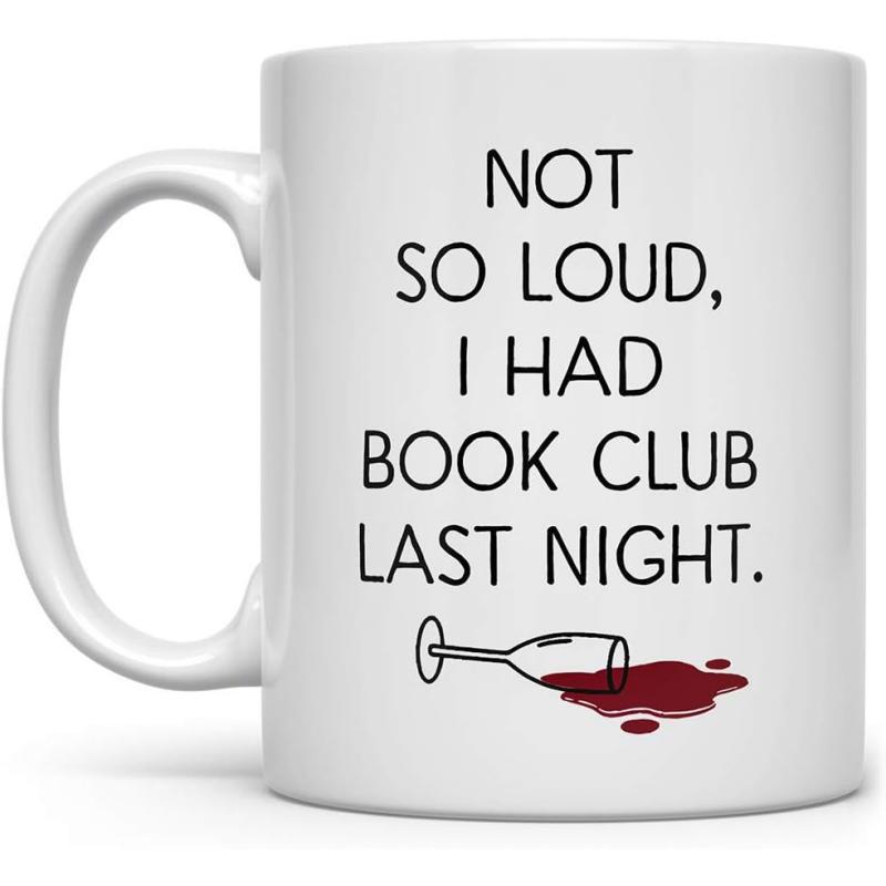 Tailorly White Ceramic 11 oz Mug - Not So Loud I Had Book Club Last Night Minimalist Line Art Of A Fallen Spilled Wine Glass Mug
