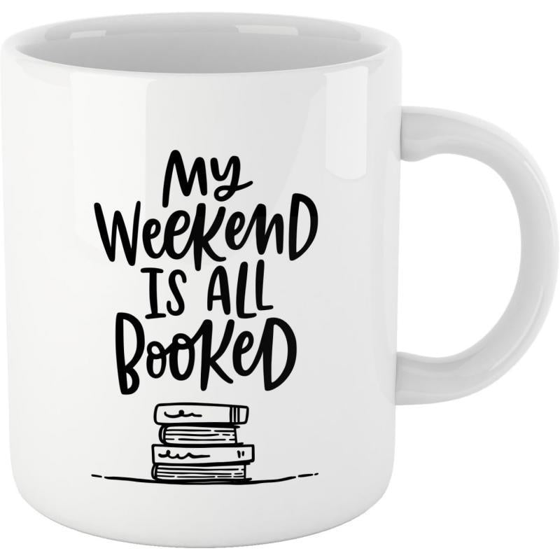 Tailorly White Ceramic 11 oz Mug - My Weekend Is All Booked Hand Drawn Minimalist Sketch Representing A Small Stack Of Three Books