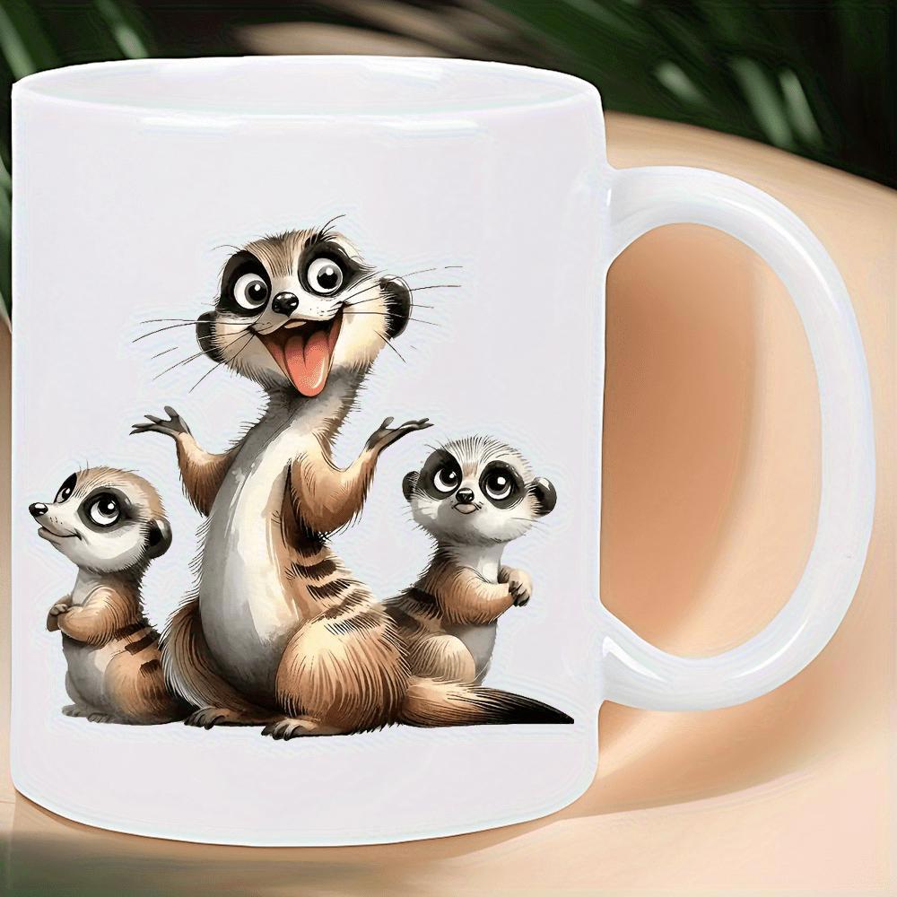 Tailorly White Ceramic 11 oz Mug - Three Playful Cartoon Animals Standing Together In A Group Adorable Meerkat