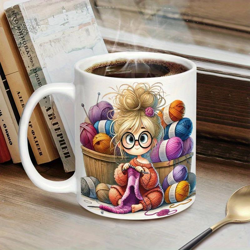 Tailorly White Ceramic 11 oz Mug - Adorable Little Girl Knitting Among Colorful Soft Yarn Balls Inside Wooden Basket Girl
