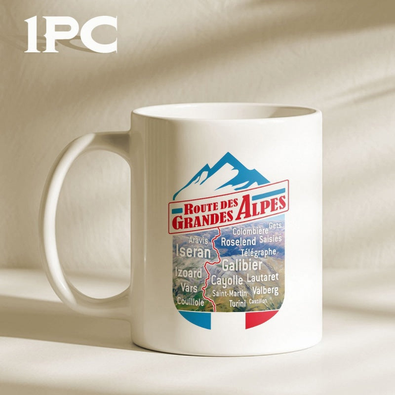 Tailorly White Ceramic 11 oz Mug - Blue Snowy Peak Above Scenic Road Map With French Flag Colors Mountain