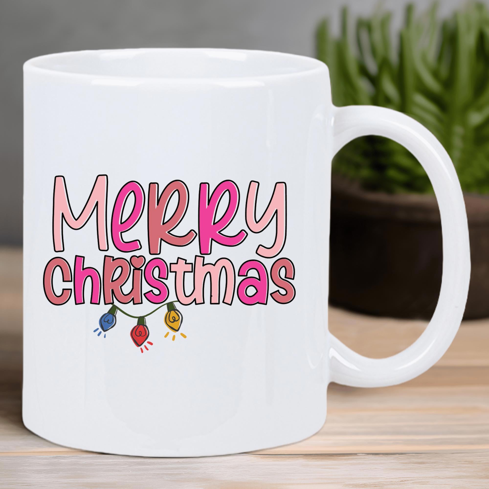 Tailorly White Ceramic 11 oz Mug - Merry Christmas Festive Colorful Hanging Bulbs Under Stylized Pink Playful Letters Mug