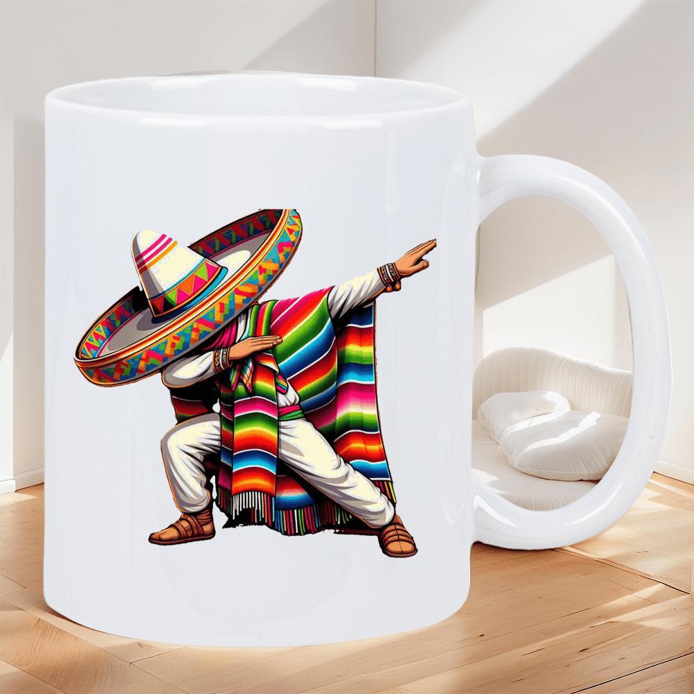 Tailorly White Ceramic 11 oz Mug - Vibrant Traditional Mexican Attire Performing A Modern Dabbing Dance Figure