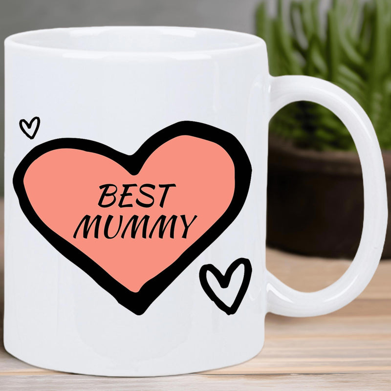Tailorly White Ceramic 11 oz Mug - Best Mummy Hand Drawn Pink Heart With Bold Outlines Among Small Floating Heart