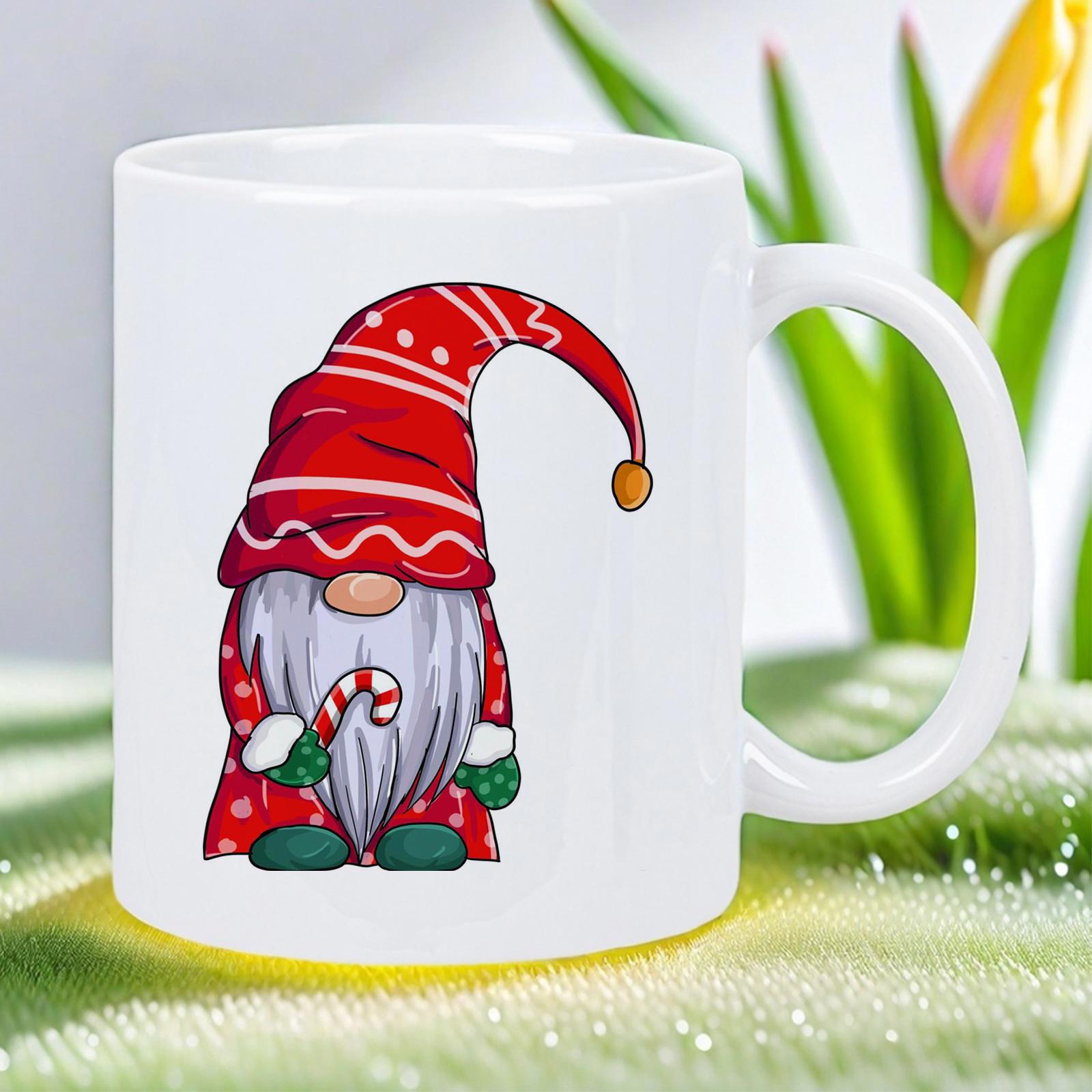 Tailorly White Ceramic 11 oz Mug - Festive Christmas Themed Character Wearing Patterned Red Hat Holding Sweet Striped Candy Cane Gnome