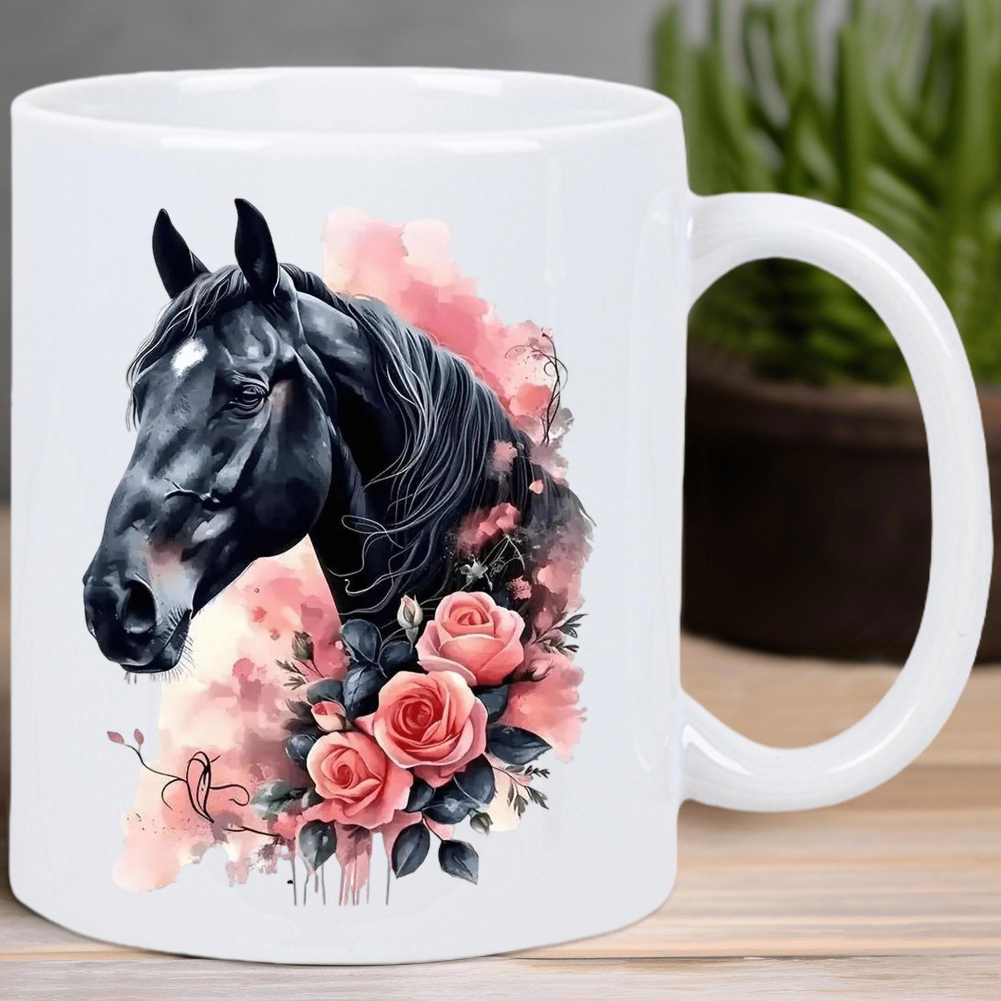 Tailorly White Ceramic 11 oz Mug - Majestic Black Profile Surrounded By Delicate Pink Watercolor Garden Blossoms Horse