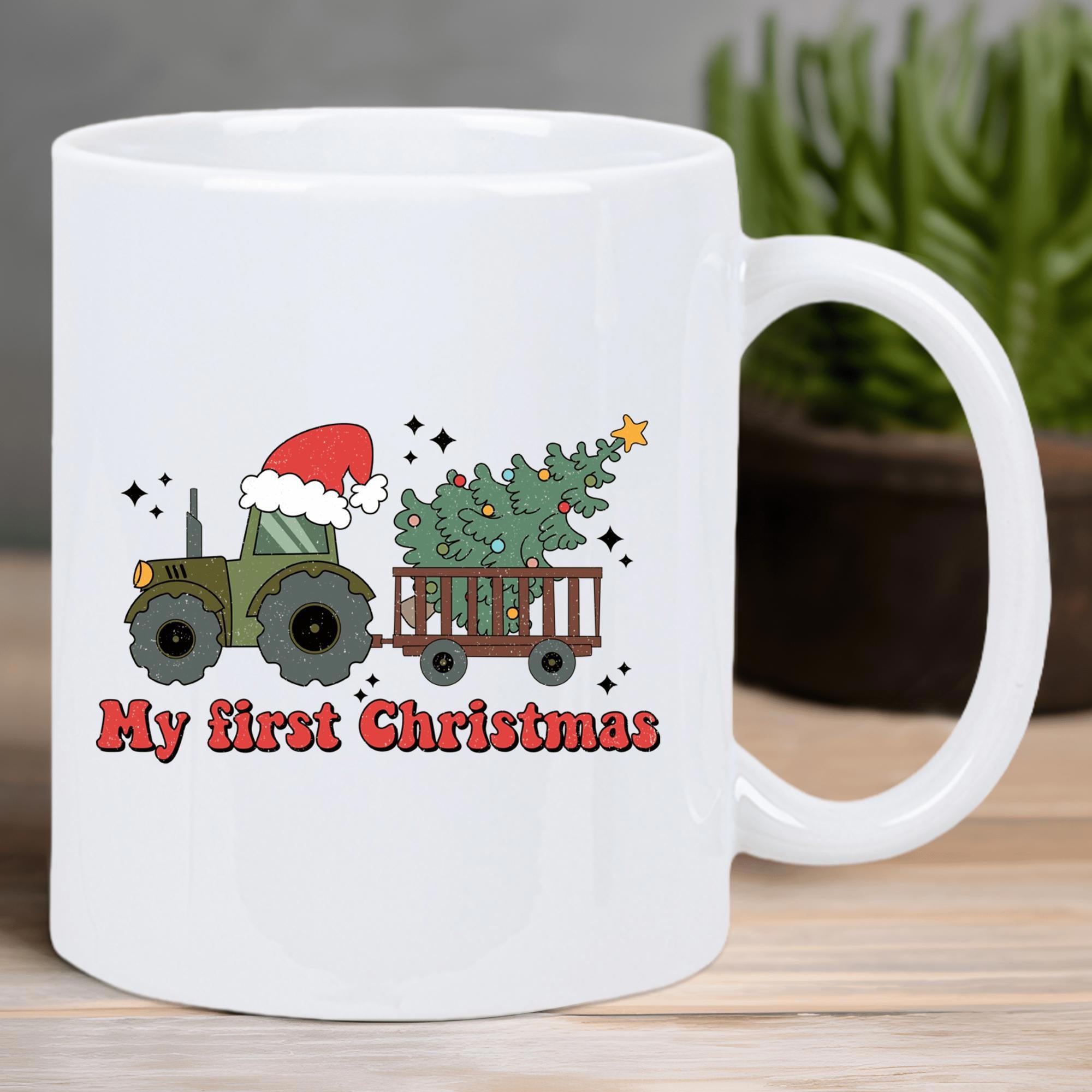 Tailorly White Ceramic 11 oz Mug - My First Christmas Festive Green Vintage Tractor Wearing Red Hat Pulling Decorated Christmas Tree Tractor