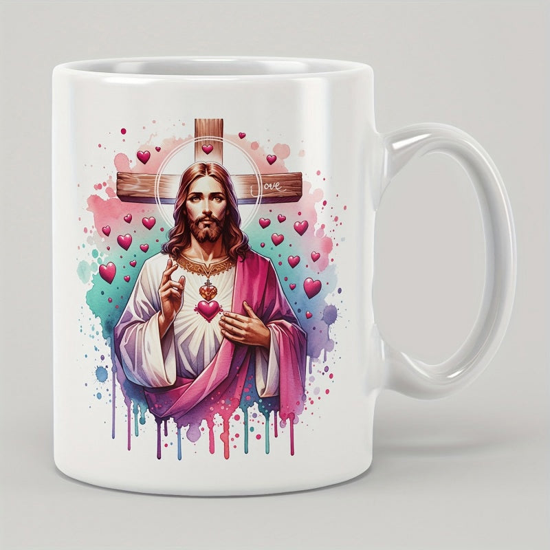 Tailorly White Ceramic 11 oz Mug - Sacred Heart Pattern With Artistic Watercolor Splatter And Floating Red Hearts Among Wooden Cross Jesus