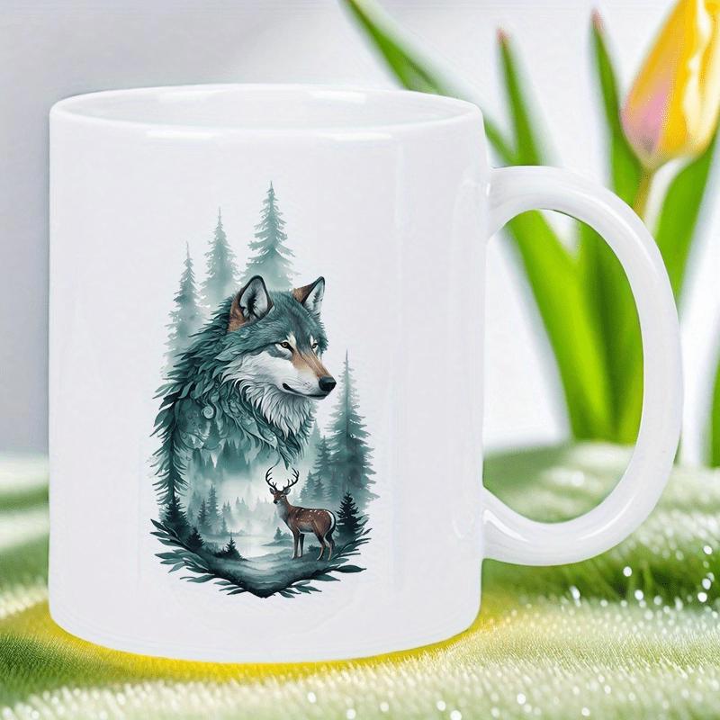 Tailorly White Ceramic 11 oz Mug - Majestic Forest Scene With Tall Pines And A Standing Wild Wolf