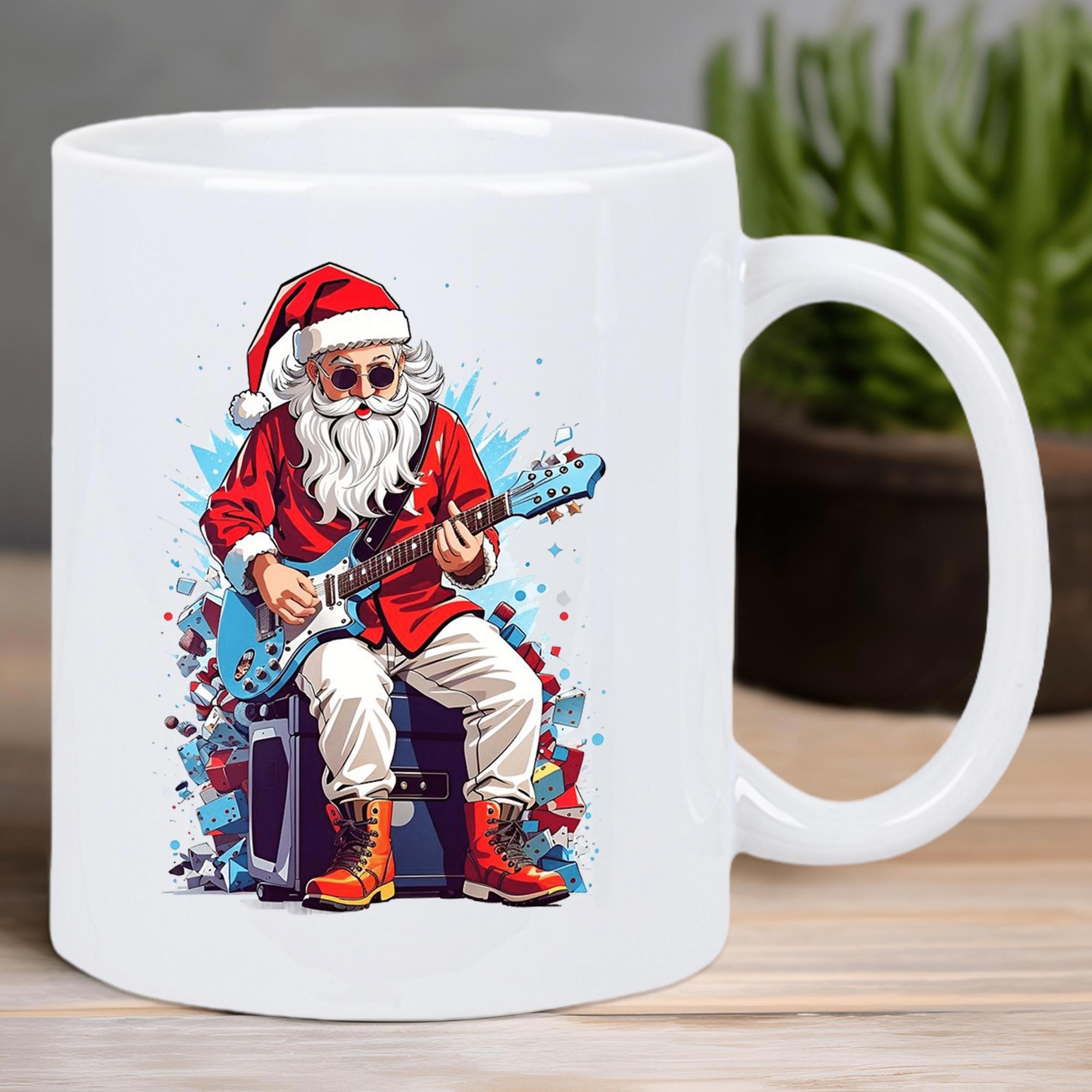 Tailorly White Ceramic 11 oz Mug - Cool Rocking Santa Playing Electric Guitar Sitting On Amplifier With Splatters Santa