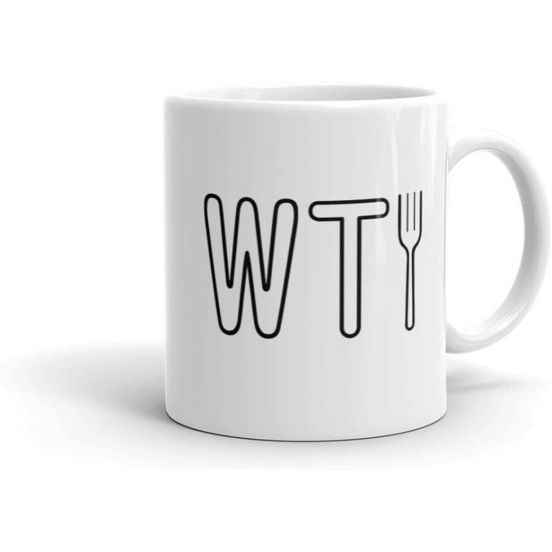 Tailorly White Ceramic 11 oz Mug - WTF Minimalist Black Outline Letters Featuring A Simple Kitchen Utensil Fork