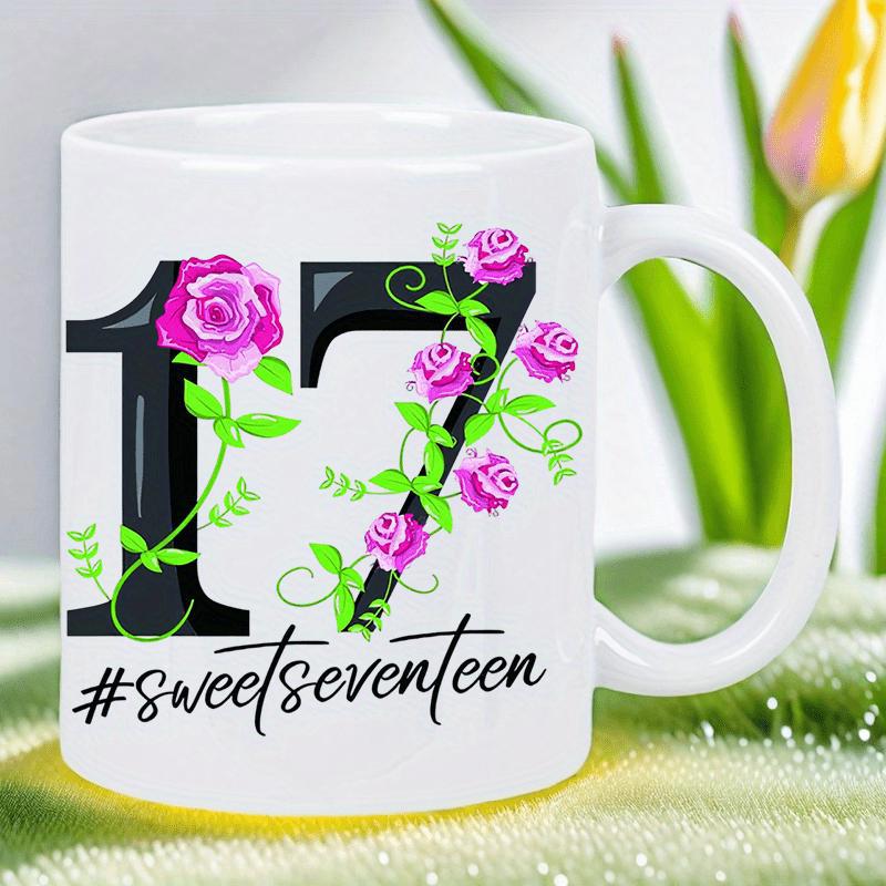 Tailorly White Ceramic 11 oz Mug - Sweet Seventeen Elegant Pink Roses And Green Vines Intertwining With A Large Black Number Mug