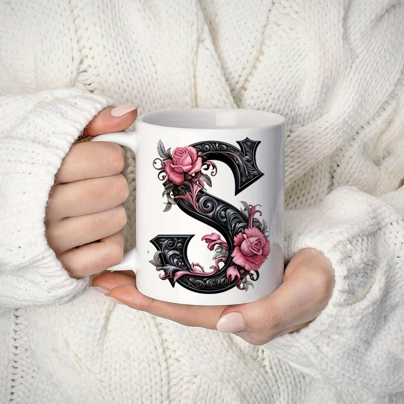 Tailorly White Ceramic 11 oz Mug - S Elegant Ornate Gothic Style Intertwined With Pink Roses And Delicate Leaves Letter S