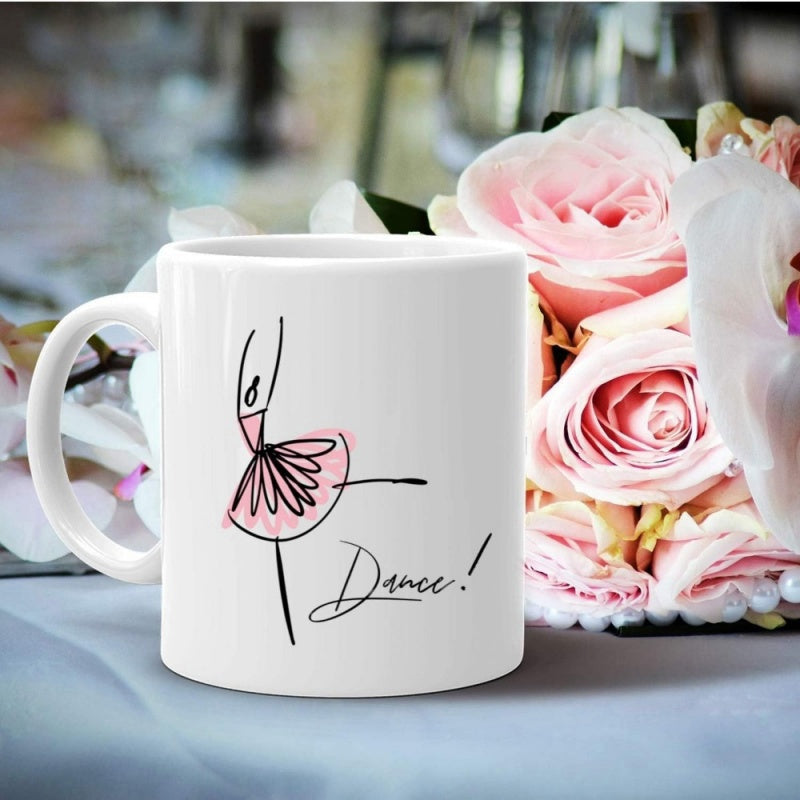 Tailorly White Ceramic 11 oz Mug - Dance Minimalist Line Art Silhouette Dancing Within A Pink Tutu Ballerina