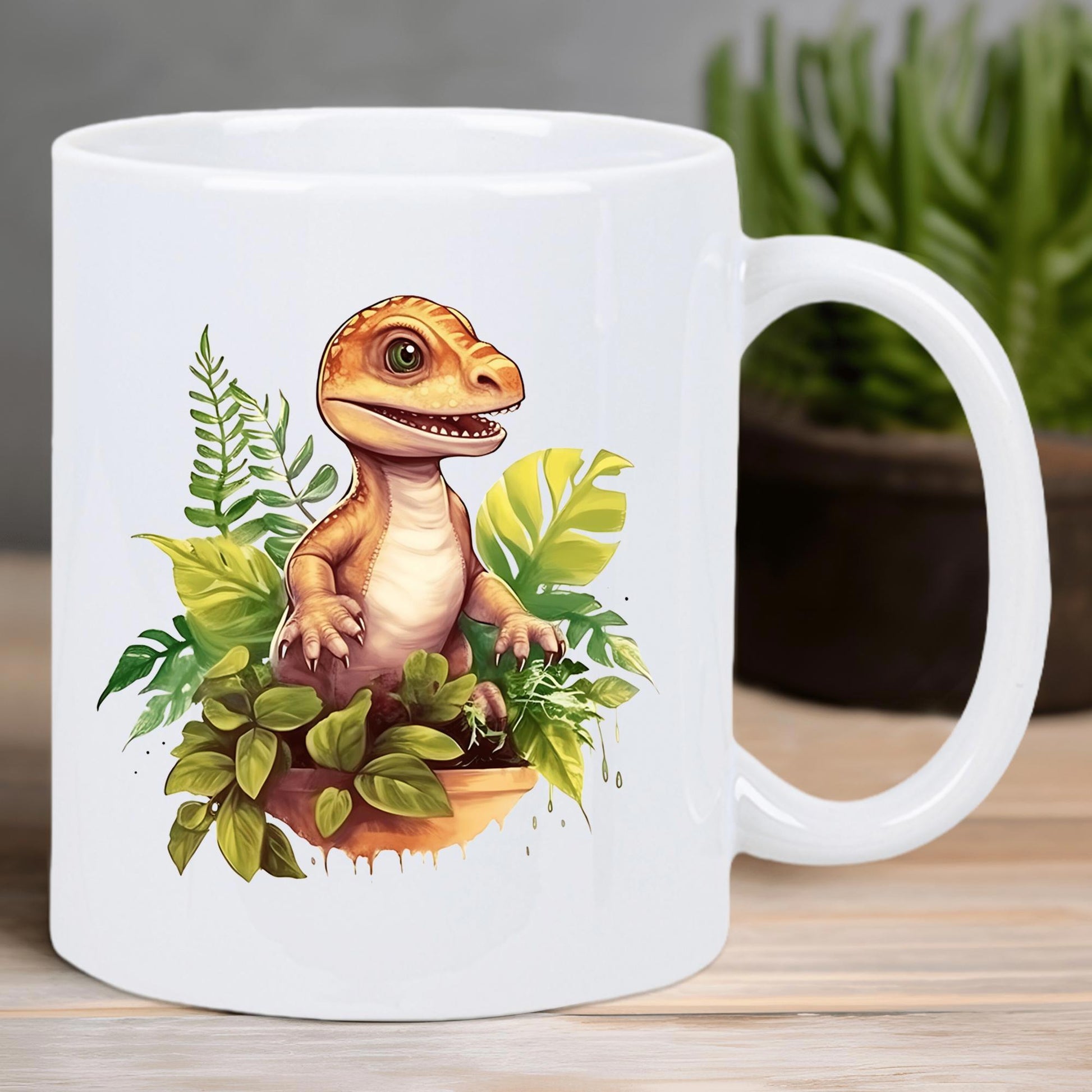 Tailorly White Ceramic 11 oz Mug - Tiny Friendly Baby Orange Creature Nestled Among Lush Tropical Green Leaves Dinosaur