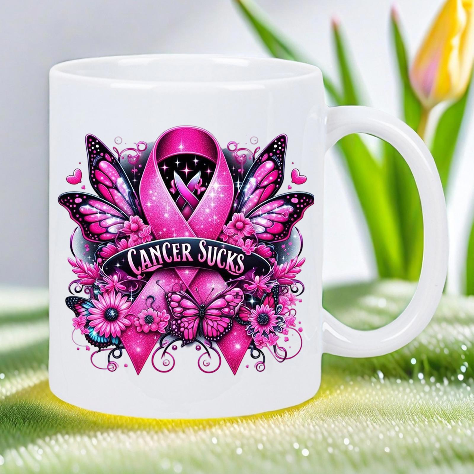 Tailorly White Ceramic 11 oz Mug - Cancer Sucks Intricate Pink Awareness Symbol Surrounded By Butterflies And Blooming Flowers Ribbon