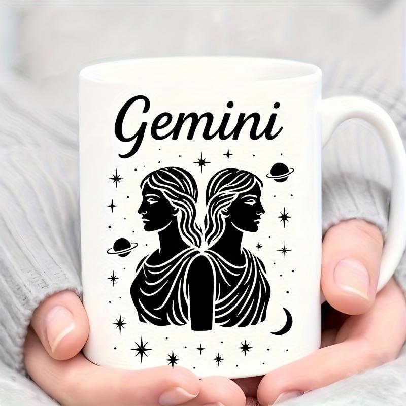 Tailorly White Ceramic 11 oz Mug - Gemini Mystical Celestial Twins Surrounded By Shining Stars And Cosmic Ringed Planets Gemini